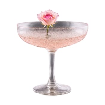 Vintage coupe glass shallow broad crystal bowl art deco stem filled with shimmering pale pink. Close-up wine glass, isolated on transparent background