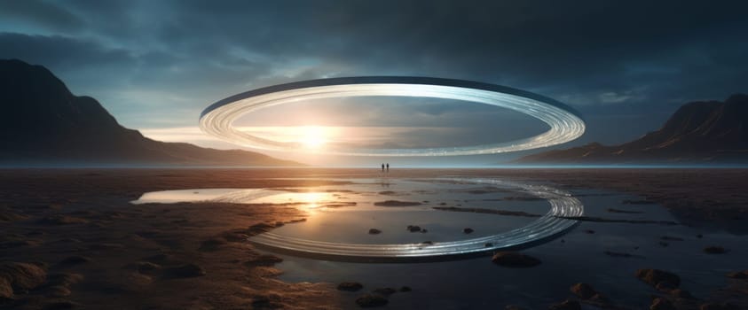 A mysterious floating ring floats above the ground, reflecting mountains and rivers in the sky, creating an otherworldly atmosphere 4k