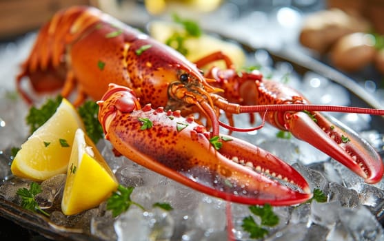 Succulent lobster served on ice with fresh herbs and lemon, vibrant color, seafood delicacy