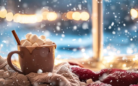 Cozy winter hot chocolate mug overflows with marshmallows, cinnamon stick, festive lights and snowfall background