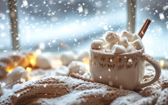 Warm cup of hot chocolate with marshmallows, cinnamon, festive lights and snow