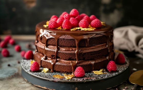 Multi-layered chocolate cake dripping with chocolate sauce, topped with raspberries and gold leaf, on a dark vintage background