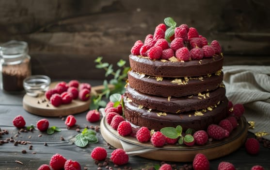 A classic chocolate torte with layers of rich cake, adorned with raspberries and mint, capturing a timeless elegance
