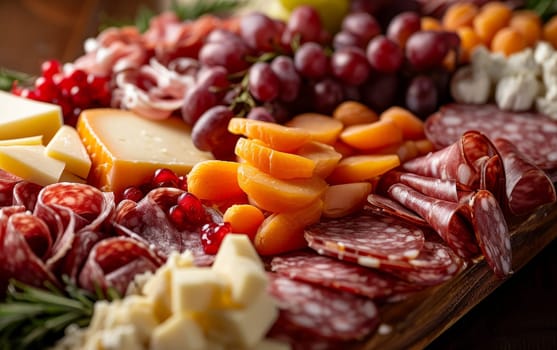 Festive charcuterie board with a variety of cheeses, meats, and fruits, beautifully arranged for a celebration