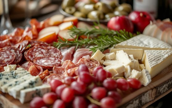 A rustic spread of assorted meats, cheeses, and olives on a wooden board