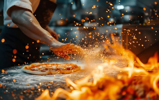 Cook adding a handful of flour to pizza on a fiery kitchen backdrop