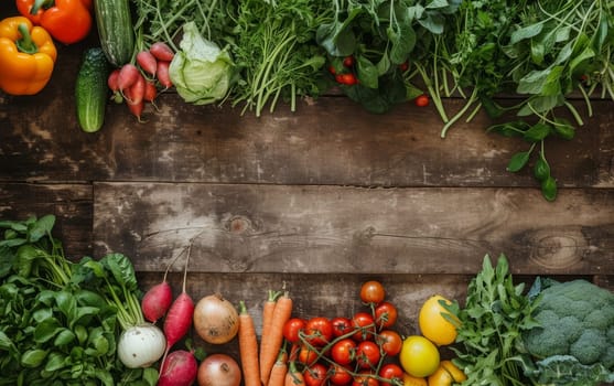 A bountiful assortment of fresh garden vegetables on a wooden background with copy space for text