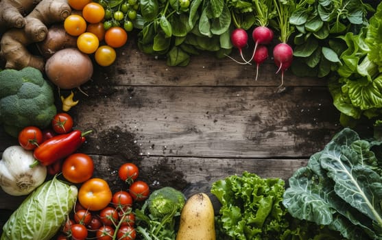 A bountiful assortment of fresh garden vegetables on a wooden background with copy space for text