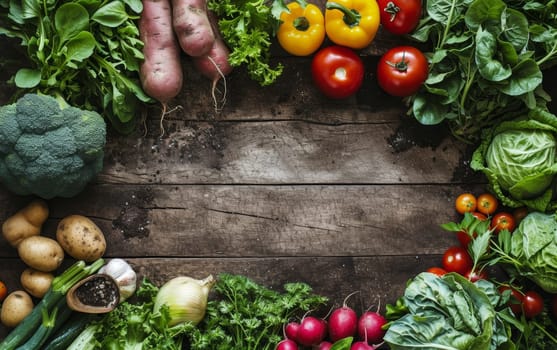 Rich display of diverse vegetables spread across a rustic wooden surface with copy space for text