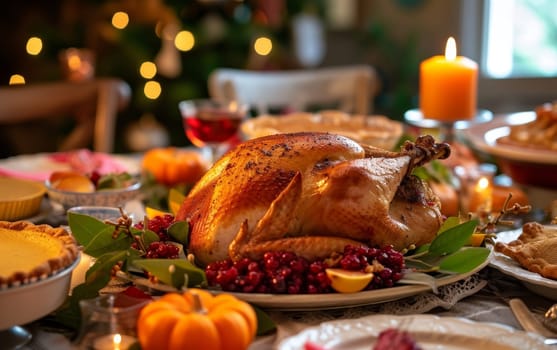 Festive dinner table setting with roasted turkey centerpiece, garnished with red berries