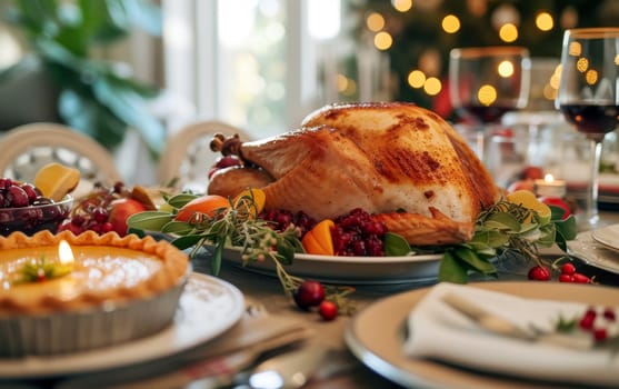 Traditional roasted turkey served on a festive table, accompanied by holiday decorations and a warm, inviting atmosphere