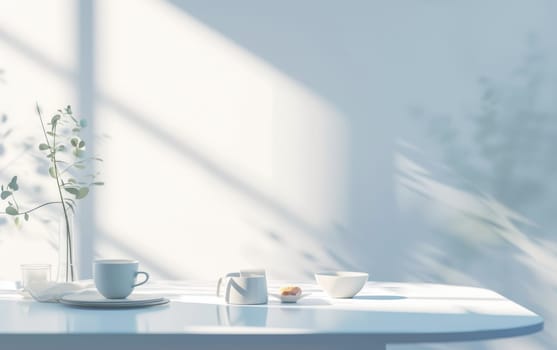 Minimalist breakfast setting with coffee and a simple vase in soft morning light