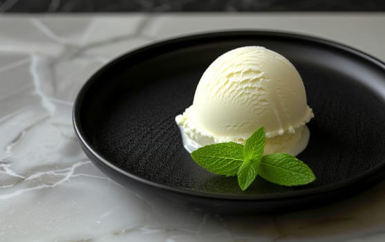 Perfect scoop of vanilla ice cream with a mint leaf on a dark plate