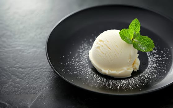 Perfect scoop of vanilla ice cream with a mint leaf on a dark plate