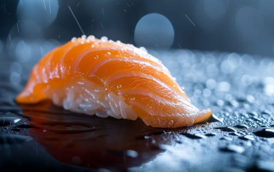 Lustrous salmon sushi piece delicately placed on a dark, reflective surface with scattered salt grains