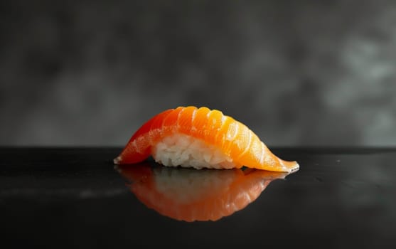 Lustrous salmon sushi piece delicately placed on a dark, reflective surface with scattered salt grains