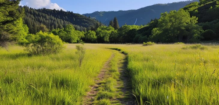 Serene path through a lush green valley with towering mountains in the background