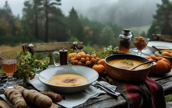 Atmospheric outdoor dining experience with a forest backdrop, featuring warm soup and a rustic autumnal setting