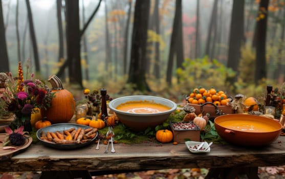 A rustic outdoor feast set against a misty autumnal forest backdrop, complete with pumpkins and a bowl of soup