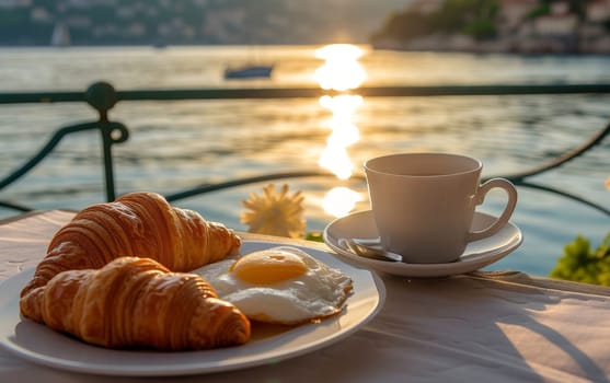 A serene sea view complements a simple breakfast on a wooden table, capturing the essence of a tranquil morning
