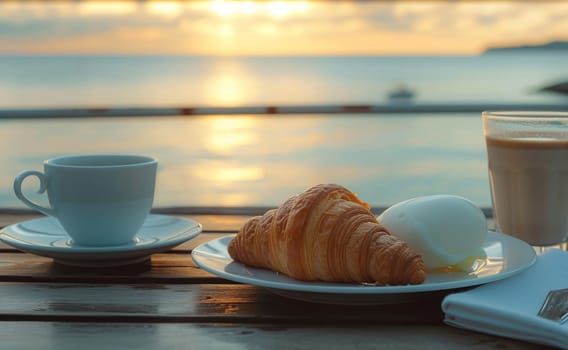 A serene sea view complements a simple breakfast on a wooden table, capturing the essence of a tranquil morning