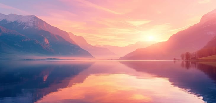 Stunning sunset over a calm lake reflecting vibrant hues of pink and orange mountains