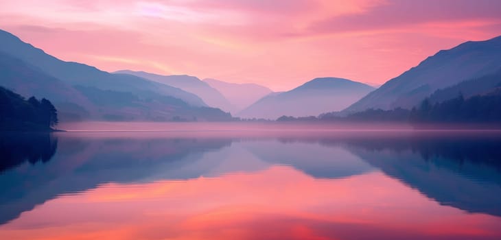 Stunning sunset over a calm lake reflecting vibrant hues of pink and orange mountains