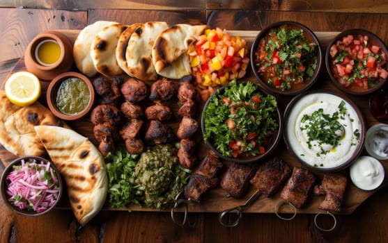 A sumptuous spread of Middle Eastern dishes, featuring grilled meats, fresh salads, dips, and bread, inviting a taste of tradition