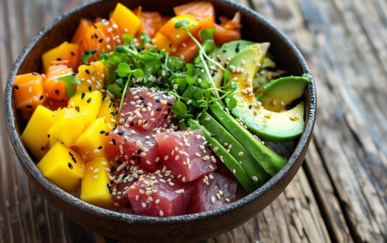 A delectable poke bowl feast showcasing fresh tuna, colorful vegetables, and ripe mango, topped with a sprinkle of black sesame