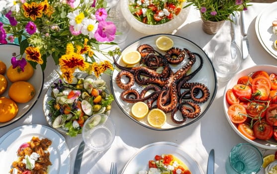 A rustic Mediterranean spread with grilled octopus and a variety of fresh dishes, enjoyed on a sunny outdoor table