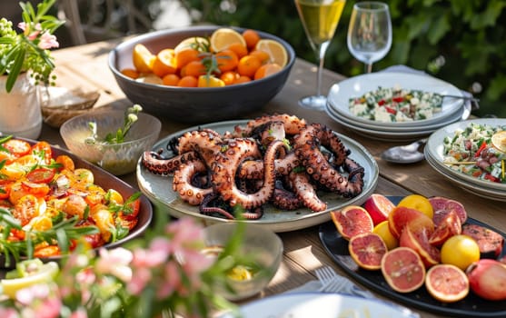 A rustic Mediterranean spread with grilled octopus and a variety of fresh dishes, enjoyed on a sunny outdoor table