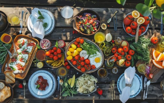 A sunny outdoor spread of Mediterranean dishes including vibrant tomato salad, fresh bread, and a variety of small plates