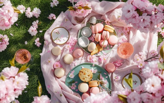 Serene picnic amidst blossoming flowers, featuring a selection of pastel macarons and blush wine on a soft pink blanket