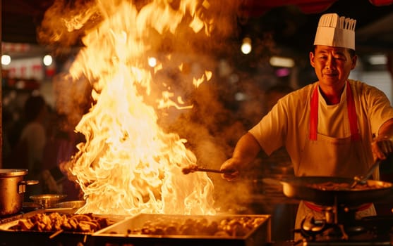 Chef masterfully handles a flaming wok, cooking up a storm at a bustling night street food market