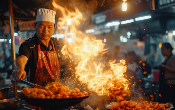 Chef masterfully handles a flaming wok, cooking up a storm at a bustling night street food market