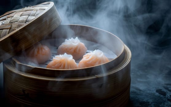 Steamed shrimp dumplings in a bamboo basket, with mist rising to reveal a delicate and traditional breakfast
