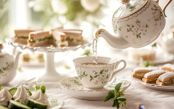 Vintage afternoon tea setup with a classic teapot pouring into a cup, accompanied by sandwiches and pastries on a white table