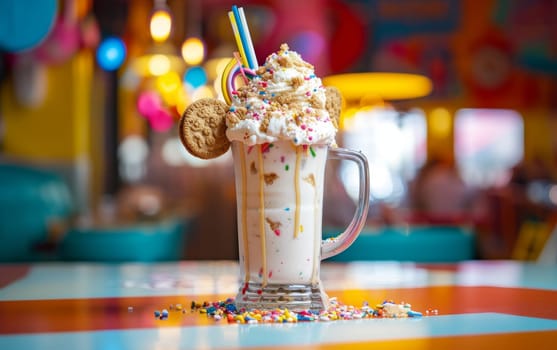 Extravagant milkshake with whipped cream, cookies, and sprinkles, presented with colorful straws against a vibrant diner backdrop