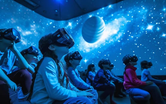 Group of children using virtual reality headsets to explore a simulated cosmos filled with stars and planets