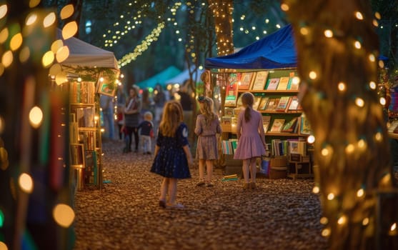 Enchanted evening scene at a holiday market with sparkling lights and visitors enjoying the festive atmosphere