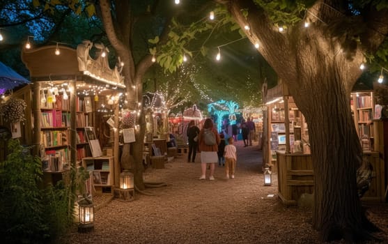 An evening shot of a magical outdoor book fair illuminated by string lights, creating a whimsical atmosphere for readers