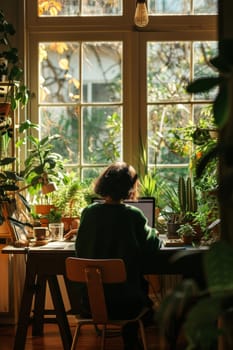 Individual focusing on a laptop in a sunlit home office enriched with vibrant plants