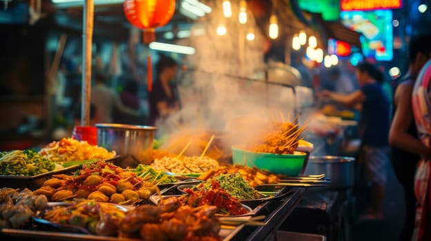 Night market scene with a rich array of street food displayed under bright lights, with vendors and customers in soft focus