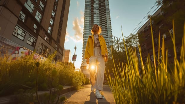 Fashionable person walking through urban greenery at golden hour, cityscape background