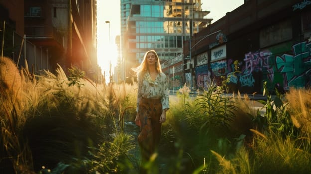 A young woman walks through an urban meadow at sunset, the city skyline casting a warm glow in the background
