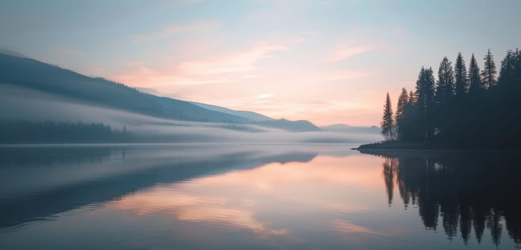 Tranquil dawn breaks over a misty lake surrounded by forested mountains, casting a soft glow on the serene waters
