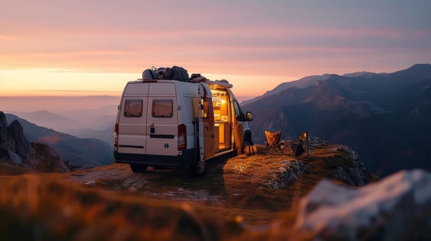 Solitary camper van parked on a serene mountain peak at twilight