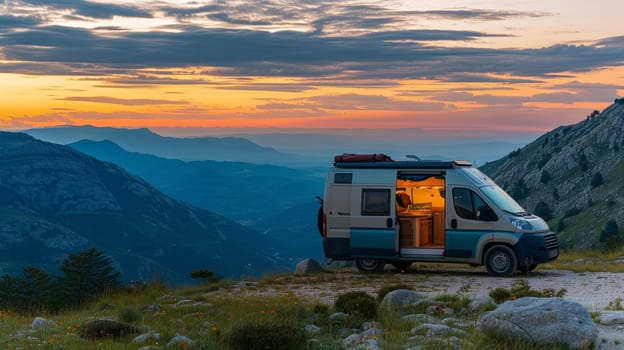 Camper van parked on a mountain at sunset with panoramic views of the valley