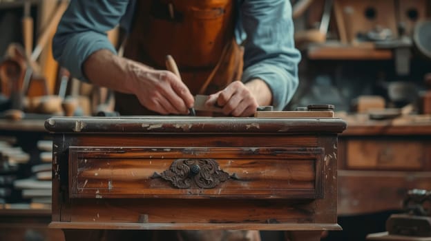 Craftsman meticulously sanding wood an old vintage nightstand or chest of drawers, surrounded by tools. Furniture restoration