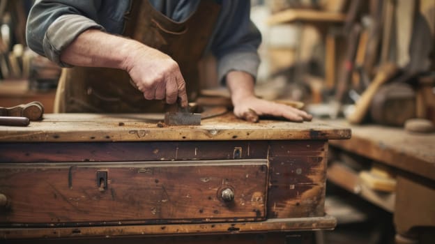 Craftsman meticulously sanding wood an old vintage nightstand or chest of drawers, surrounded by tools. Furniture restoration